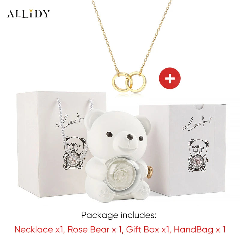 Red Eternal Rose Teddy Bear with Stainless Steel Custom Names Necklace Jewelry