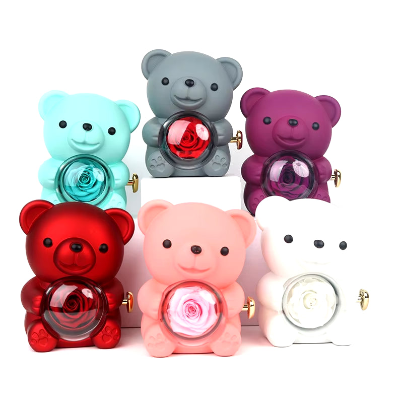 Red Eternal Rose Teddy Bear with Stainless Steel Custom Names Necklace Jewelry