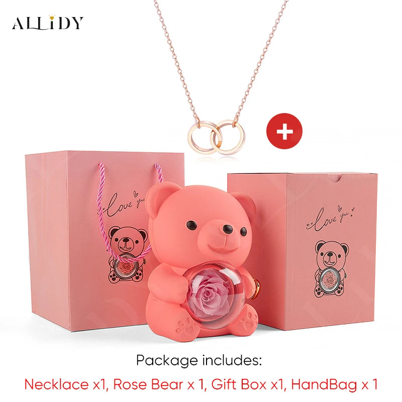 Red Eternal Rose Teddy Bear with Stainless Steel Custom Names Necklace Jewelry