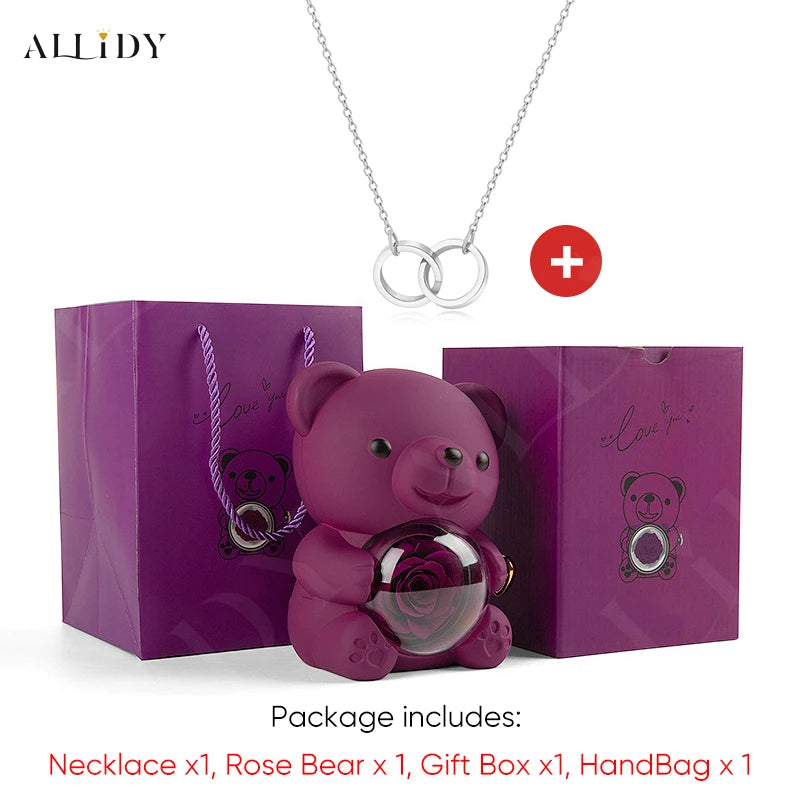 Red Eternal Rose Teddy Bear with Stainless Steel Custom Names Necklace Jewelry 