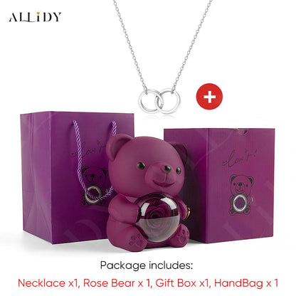 Red Eternal Rose Teddy Bear with Stainless Steel Custom Names Necklace Jewelry 