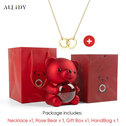 Red Eternal Rose Teddy Bear with Stainless Steel Custom Names Necklace Jewelry 