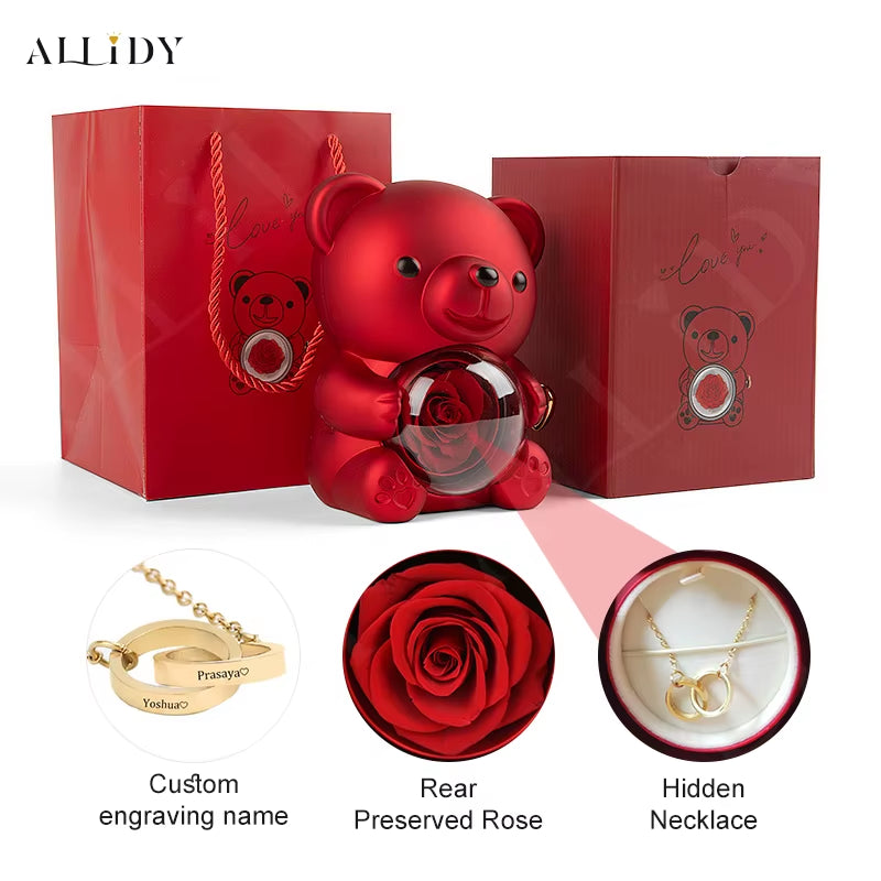 Red Eternal Rose Teddy Bear with Stainless Steel Custom Names Necklace Jewelry 