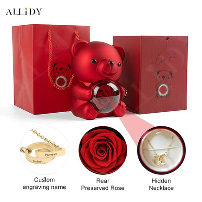 Red Eternal Rose Teddy Bear with Stainless Steel Custom Names Necklace Jewelry 