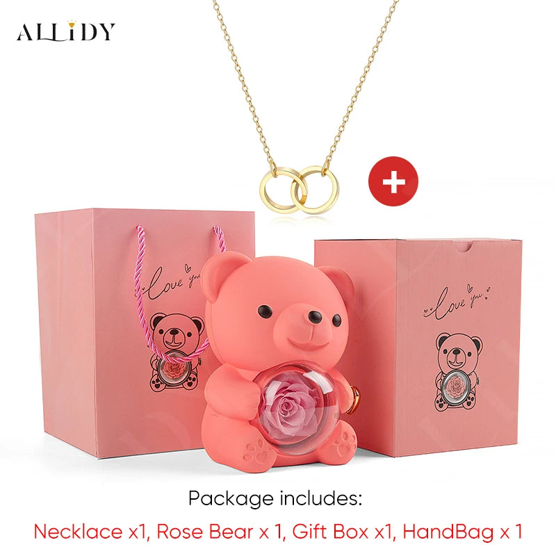 Red Eternal Rose Teddy Bear with Stainless Steel Custom Names Necklace Jewelry 