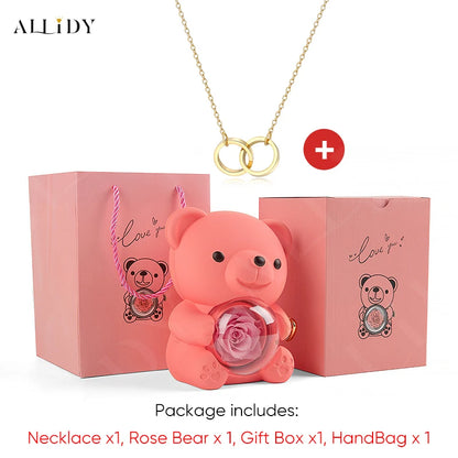Red Eternal Rose Teddy Bear with Stainless Steel Custom Names Necklace Jewelry 