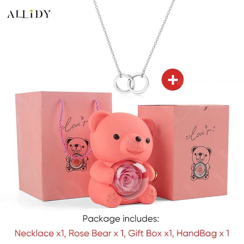 Red Eternal Rose Teddy Bear with Stainless Steel Custom Names Necklace Jewelry 