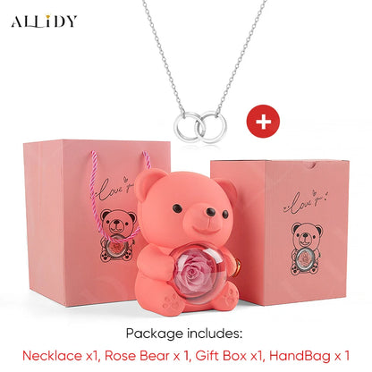 Red Eternal Rose Teddy Bear with Stainless Steel Custom Names Necklace Jewelry 