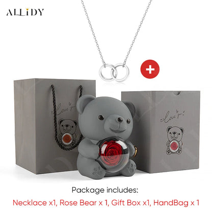 Red Eternal Rose Teddy Bear with Stainless Steel Custom Names Necklace Jewelry 