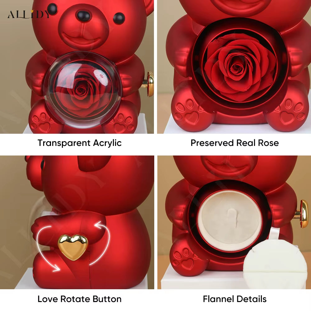 Red Eternal Rose Teddy Bear with Stainless Steel Custom Names Necklace Jewelry 