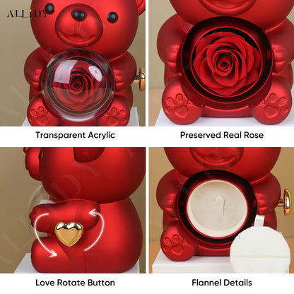 Red Eternal Rose Teddy Bear with Stainless Steel Custom Names Necklace Jewelry 