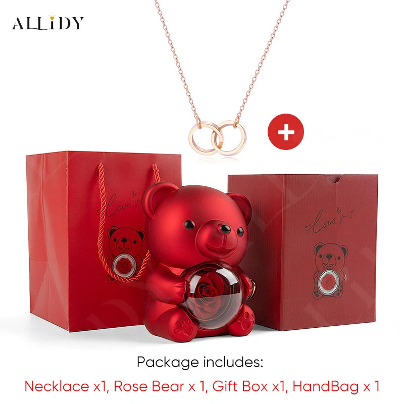Red Eternal Rose Teddy Bear with Stainless Steel Custom Names Necklace Jewelry 