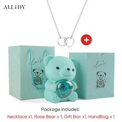Red Eternal Rose Teddy Bear with Stainless Steel Custom Names Necklace Jewelry 