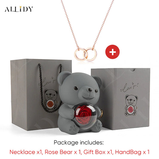 Red Eternal Rose Teddy Bear with Stainless Steel Custom Names Necklace Jewelry 