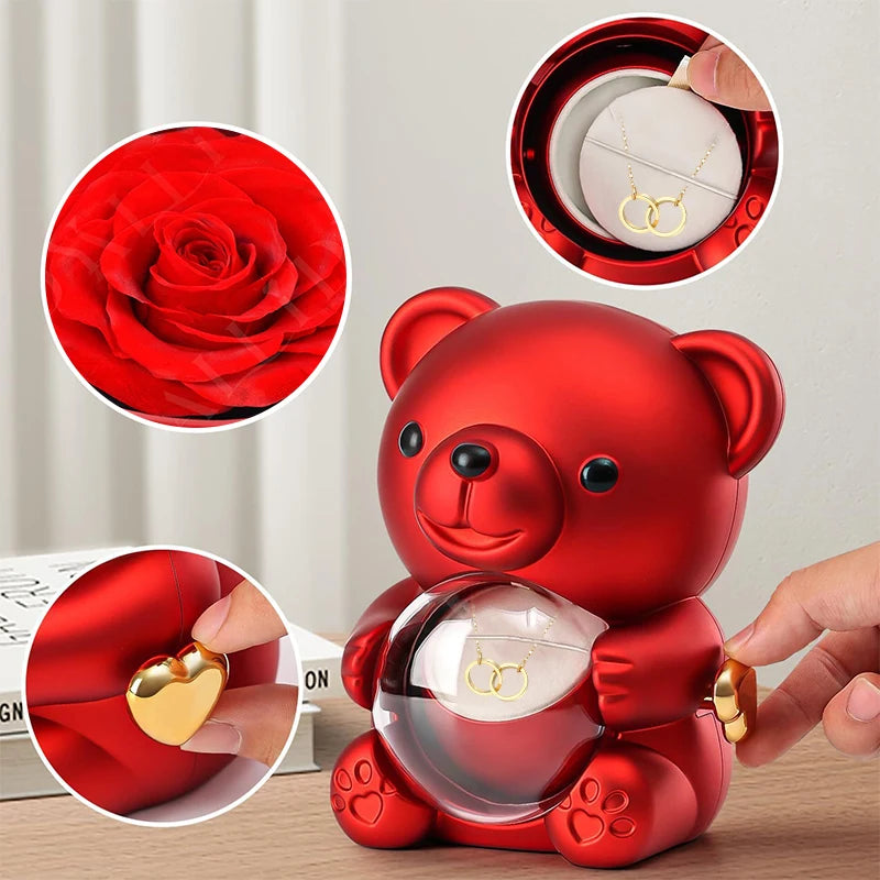 Red Eternal Rose Teddy Bear with Stainless Steel Custom Names Necklace Jewelry 