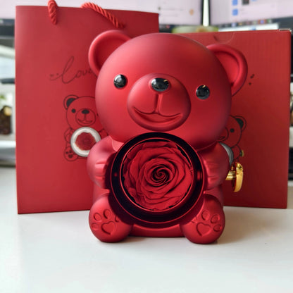 Red Eternal Rose Teddy Bear with Stainless Steel Custom Names Necklace Jewelry 