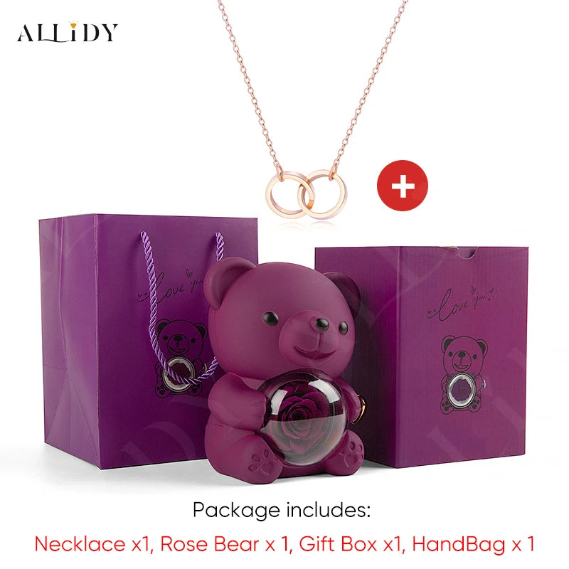 Red Eternal Rose Teddy Bear with Stainless Steel Custom Names Necklace Jewelry 