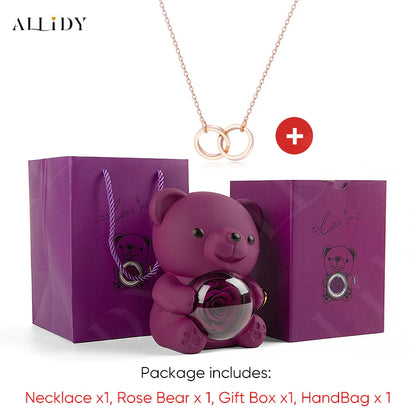 Red Eternal Rose Teddy Bear with Stainless Steel Custom Names Necklace Jewelry 
