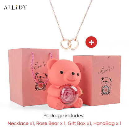 Red Eternal Rose Teddy Bear with Stainless Steel Custom Names Necklace Jewelry 
