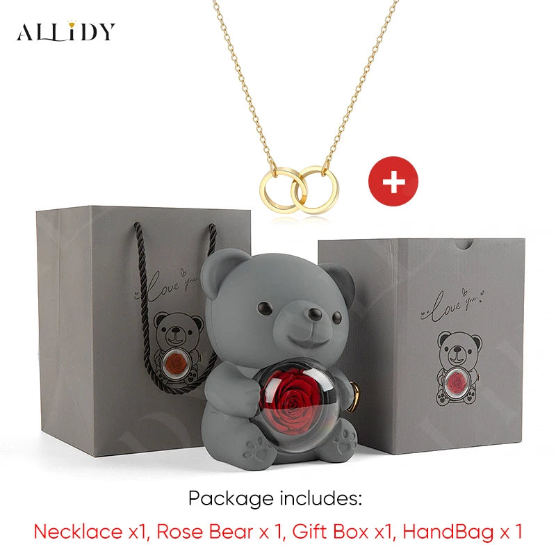 Red Eternal Rose Teddy Bear with Stainless Steel Custom Names Necklace Jewelry 