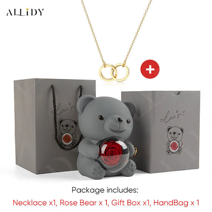 Red Eternal Rose Teddy Bear with Stainless Steel Custom Names Necklace Jewelry 