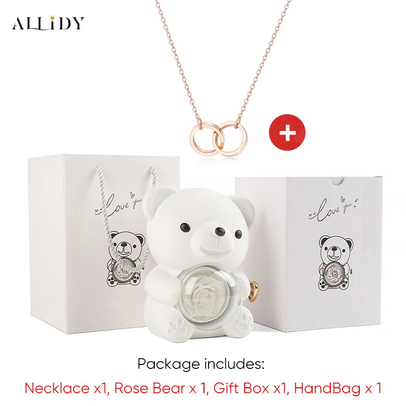 Red Eternal Rose Teddy Bear with Stainless Steel Custom Names Necklace Jewelry 